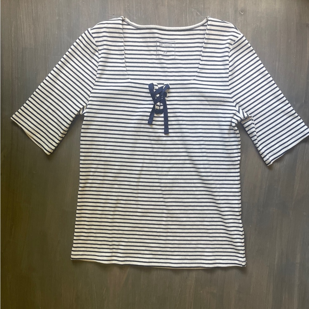 Candace Cameron Bure Navy and White Striped Top